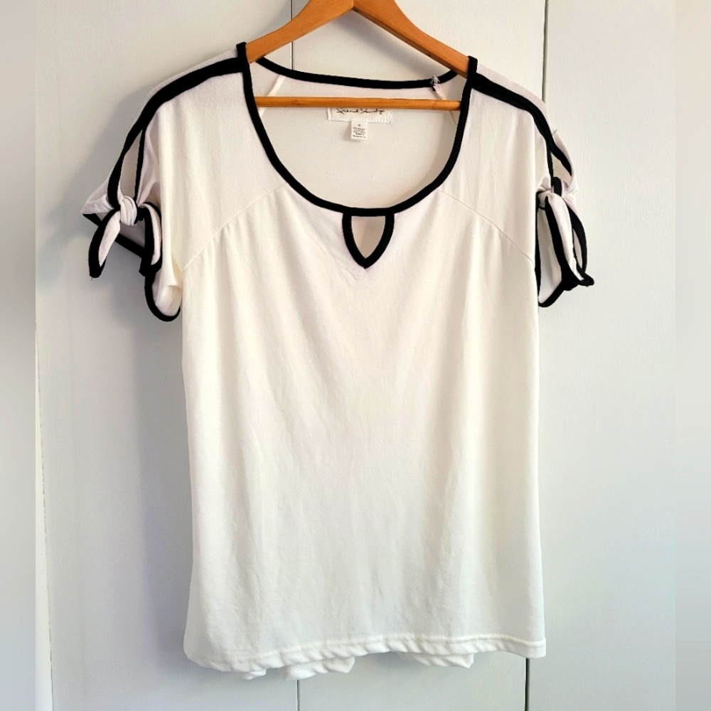 White Blouse with Black Trim and Bow Sleeves